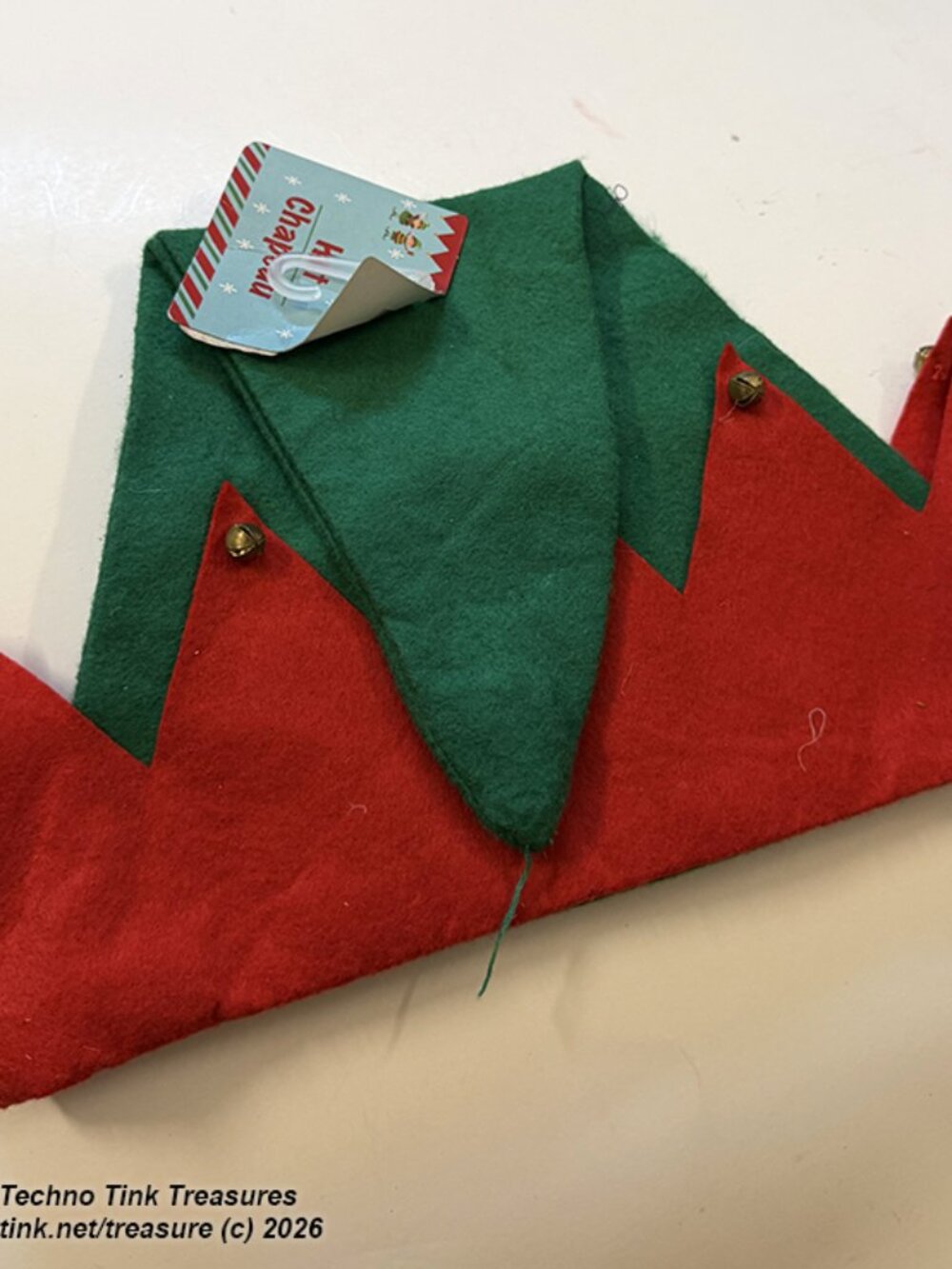 Elf: Green Felt Elf Hat with Red Triangular Trim with gold bells